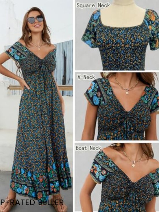 Boho Maxi Dress Flowy Tiered Smocked Bust Casual Summer Beach Party - Picture 2 of 7